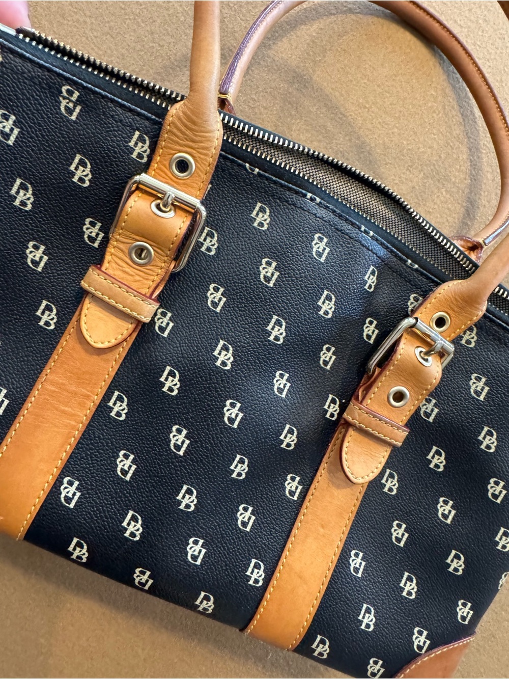 Dooney & Bourke Black Logo Leather Shoulder Bag with Brown Leather Trim - Picture 4 of 5